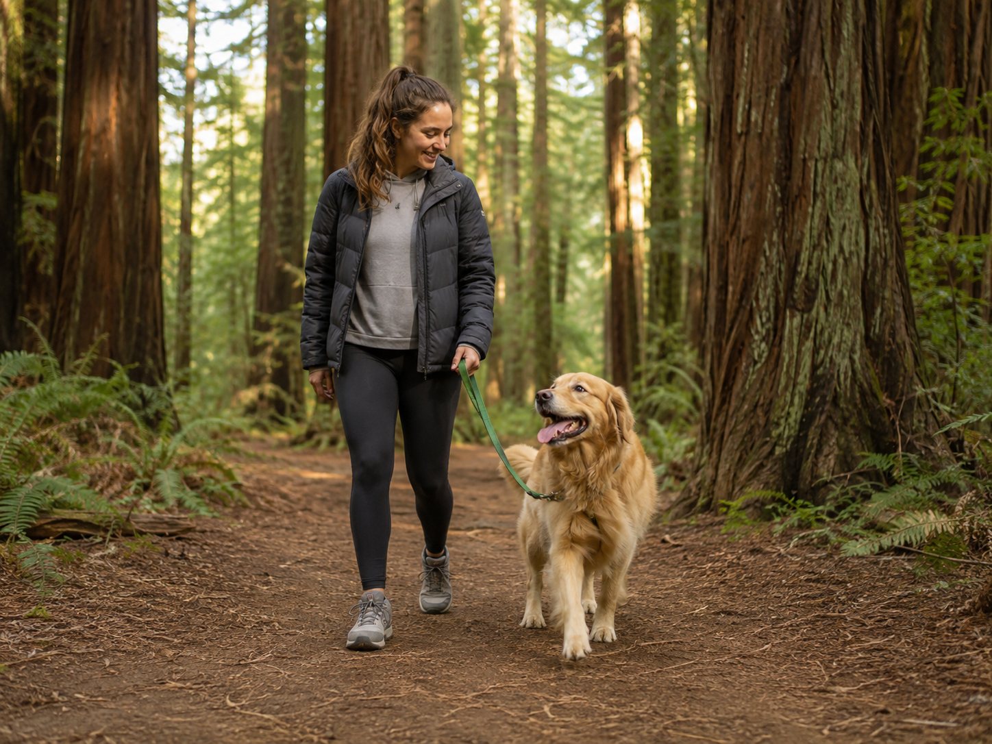 Structured nature walk with a happy dog on a redwood trail