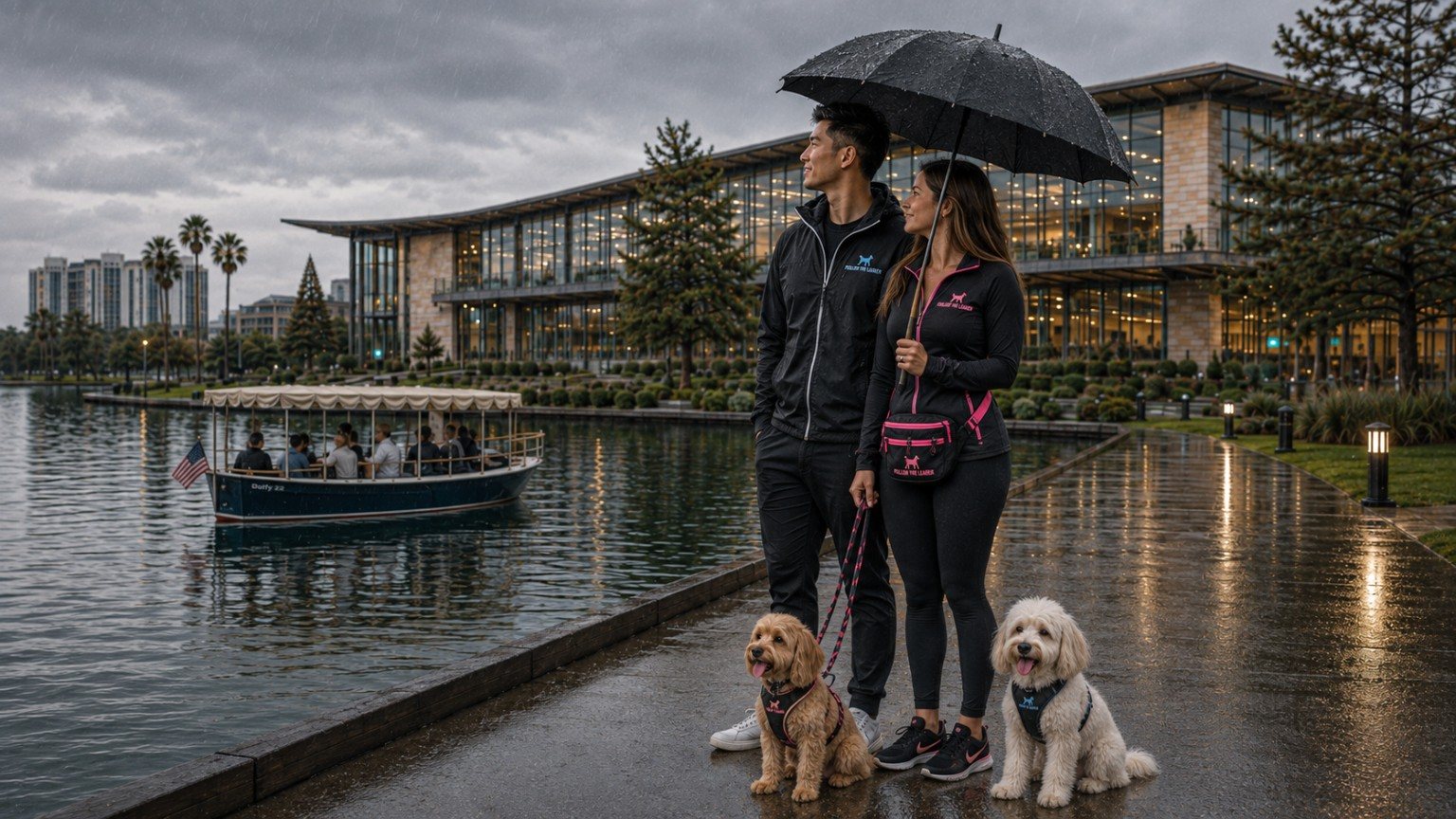 Professional handlers with two small dogs under an umbrella along the Foster City waterfront in light rain